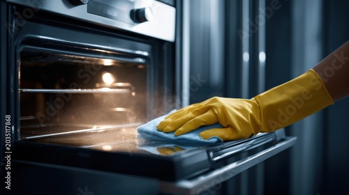 Cleaning a dirty oven interior with a blue cloth and yellow gloves. A person wearing yellow protective gloves wipes down the inside of modern oven with blue microfiber cloth, removing grime and grease