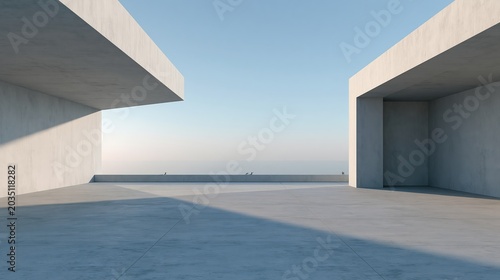 Empty concrete floor for car park. 3d rendering of abstract gray building with clear sky background.
