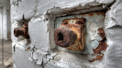 Rusty industrial metal bolts showing heavy corrosion and oxidation embedded in a weathered white brick wall with peeling paint inside an old abandoned building interior