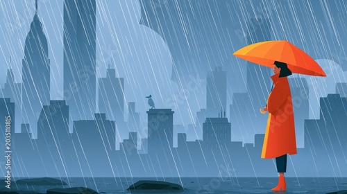 Flat Character with Umbrella Under the Rain. Big City Silhouette on the Background. Vector Illustration