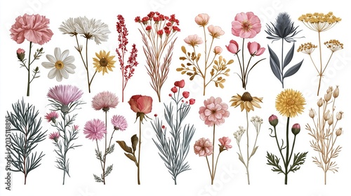 Vintage Wild flowers bouquets collection. Herbarium plants,Herbs and flowers,blooming flowers Hand drawing. Dried flowers detailed botanical set of elements, stickers,collage, print, web design.Vector
