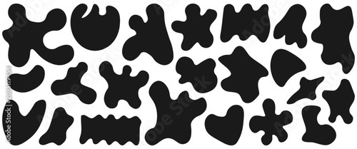 Set of small abstract like doodle shapes in solid black, playful vector icon collection for patterns, stickers, logos, kids graphics and creative branding accents