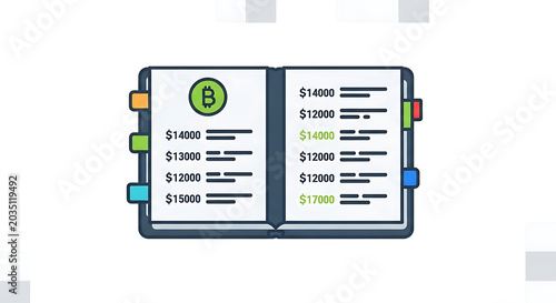 Open notebook with bitcoin currency price list and financial data records