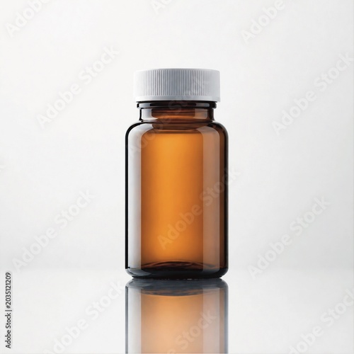 Amber Glass Medicine Bottle Isolated on White Background with Reflection