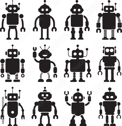 Photos Robots and droids silhouettes, black vector cyborgs
