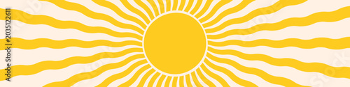 Abstract groovy retro sunburst summer background. Vibrant yellow wavy sun rays in psychedelic hippie 70s style. Funky sunshine radial wave pattern vector illustration