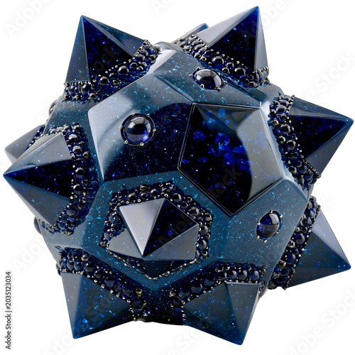 Unique geometric shape made of dark blue material displayed  on a transparent background with clean lines and sharp points