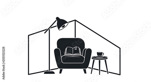 Cozy reading corner with an armchair, a floor lamp, an open book, and a side table