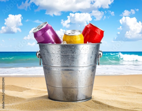 Colorful Soda Cans Chilled in Metal Bucket on Sunny Sandy Beach