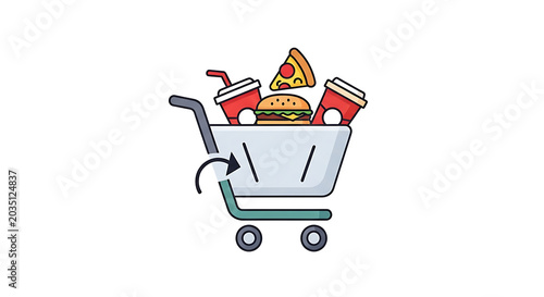 Shopping cart with fast food items like burger, pizza and drinks