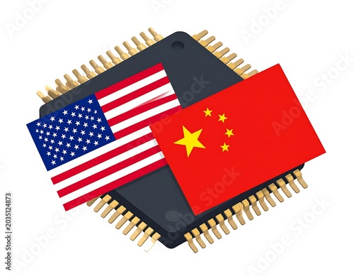 Overlapping American and Chinese Flags on Electronic Microchip Isolated Background