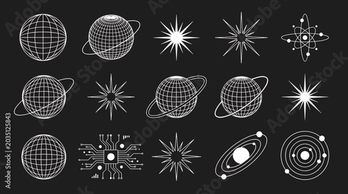 White minimalist wireframe globes, stellar stars and technological circuit icons on dark background, Symbolizing digital future innovation and representing orbital scientific exploration