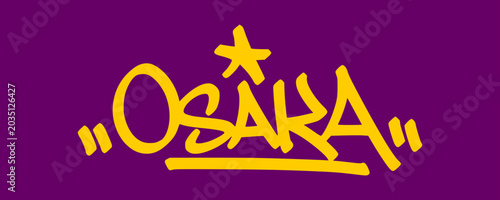Yellow Osaka city tag typography graphic displaying unique hand drawn urban graffiti lettering style for alternative youth culture streetwear apparel merchandise magenta backdrop clip art.