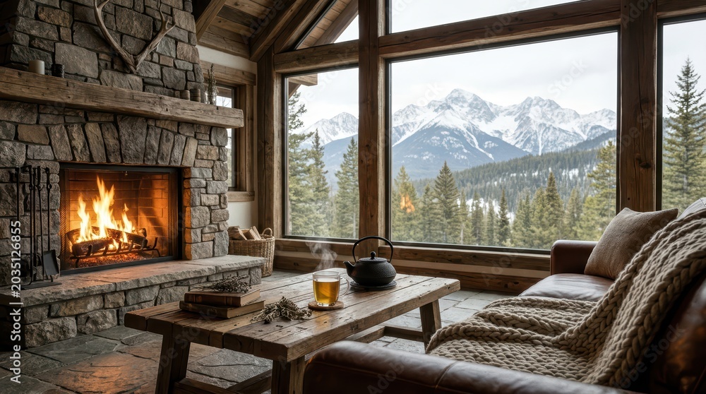 Naklejka premium Rustic living room with lit stone fireplace overlooking snowy mountain range through large panoramic windows
