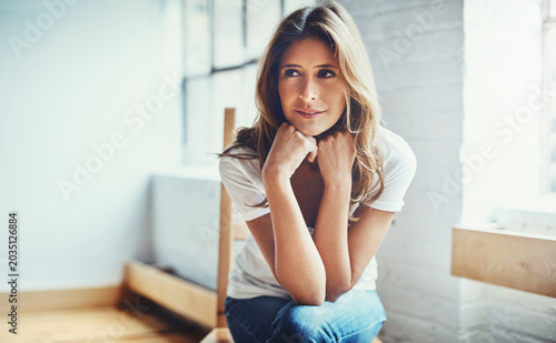 Cuadro en lienzo Thoughtful, woman and relax in house with peace, remember memory or contemplation for weekend break