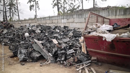 
Recycling of old cars. Automotive scrap. Recycling. Ecology and the environment. Scrap metal from old, destroyed cars. Metal recycling.