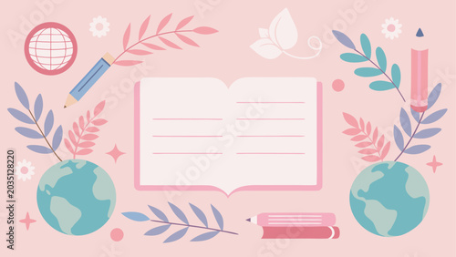 Education, school, learning, illustration, pink, globe, book, stationery, vector icons