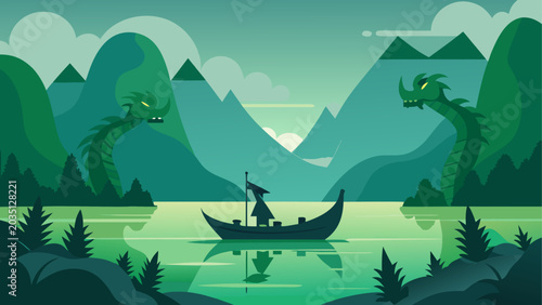 Cuadro en lienzo Fantasy boat, serene landscape, green mountains, mythical creatures, vector illu