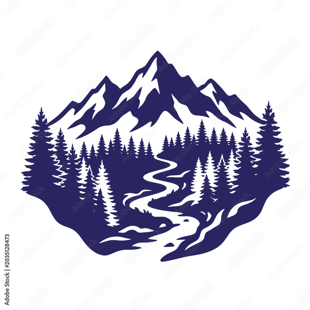 Fototapeta premium Mountain range with pine forest and winding river vector illustration pine trees mountain landscape outdoors adventure wilderness illustration monochrome