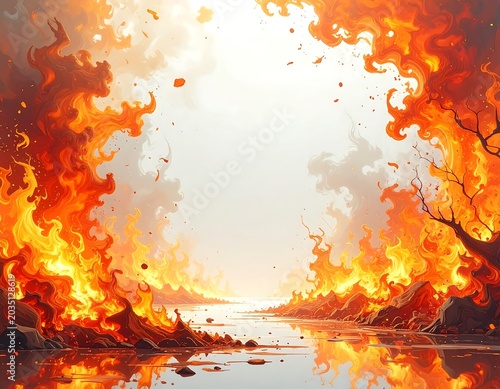 Intense Wildfire Flames Surrounding River Channel in Dramatic Landscape
