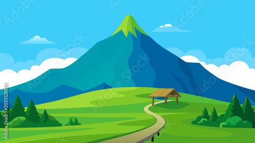 Fotografie Mountain landscape, green hills, winding road, cartoon scenery, nature backgroun