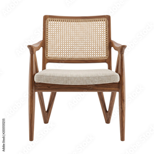 Photos Modern wooden armchair with woven rattan backrest