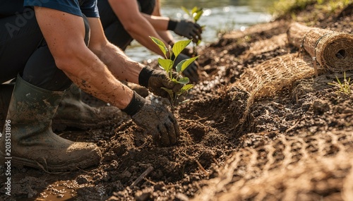 Two individuals actively engage in an environmental restoration project, meticulously planting young trees within the rich, muddy soil by a body of water, symbolizing growth and ecological renewal