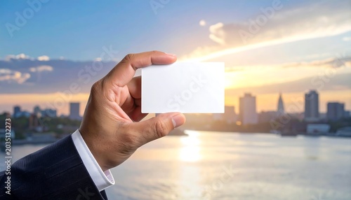 Businessman Hand Holding Blank White Card Against City Skyline at Sunset Waterfront