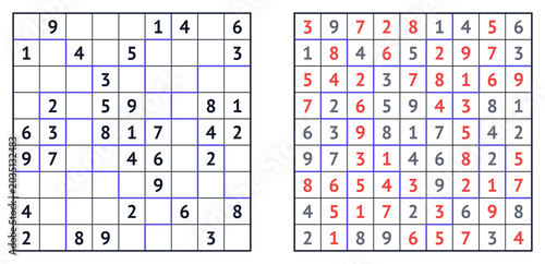Photos Sudoku Mosaic of medium difficulty, one incomplete and one solved, on a transpar
