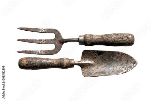 Antique rusty hand trowel and fork gardening tools