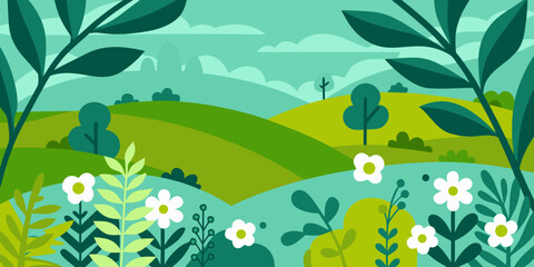 Gordijnen Koraalgroen Rolling hills landscape with trees and flowers flat vector illustration  © Rathin