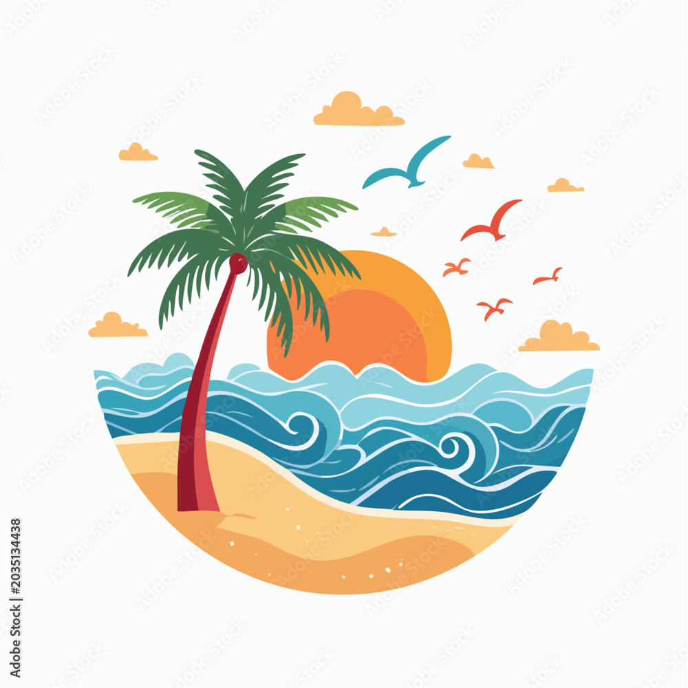 Obraz premium Tropical Beach Scene with Palm Tree, Ocean Waves, and Sunset