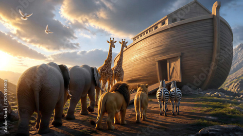 The great flood. Animals going inside Noah's ark. Biblical scene concept. 3d cartoon illustration.