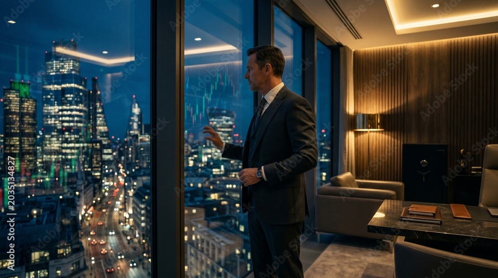 Fototapeta premium Luxury Investor Overlooking Financial District At Night