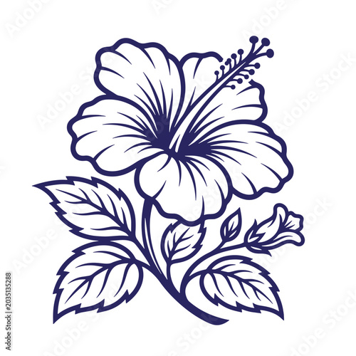 Hibiscus flower with leaves and small bud vector outline drawing in blue monochrome line art design element hibiscus tropical botanical hawaiian illustration
