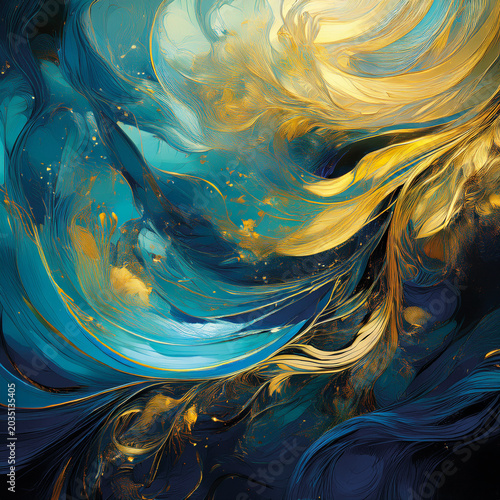 Vibrant abstract work in blue and golden