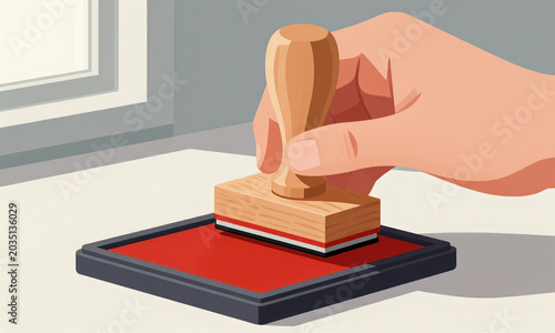 hand firmly pressing detailed wooden rubber stamp vibrant red ink pad bathed soft natural light nearby