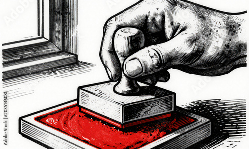 hand firmly pressing detailed wooden rubber stamp vibrant red ink pad bathed soft natural light nearby