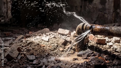 Water shoots from a broken pipe. Rust covers the metal. Debris litters the ground. Dust clouds the ruined area. This shows infrastructure decay. It highlights water loss in abandoned sites
