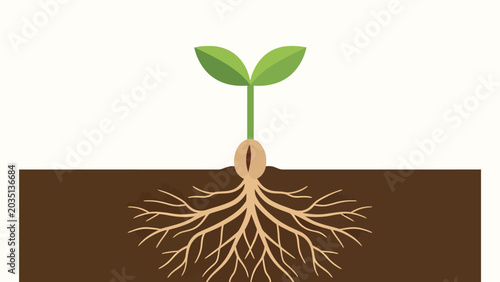 Minimalist flat paper cutout style illustration of a germinating seed sprout with two green cotyledon leaves above soil and spreading underground root system