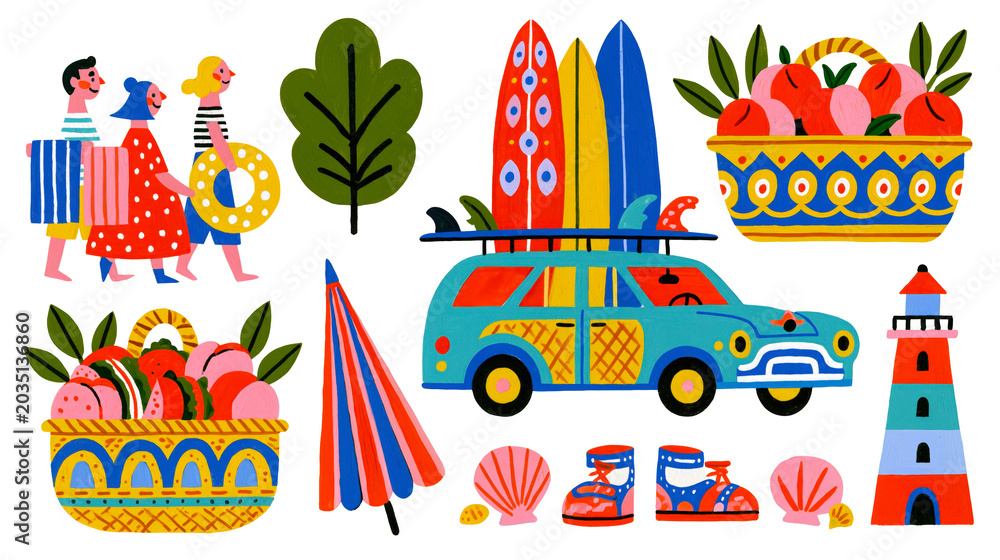 Naklejka premium Vibrant beach vacation illustration set showing people walking with towels, surfboards on a blue station wagon car, fruit baskets, umbrella, lighthouse, and sea shells