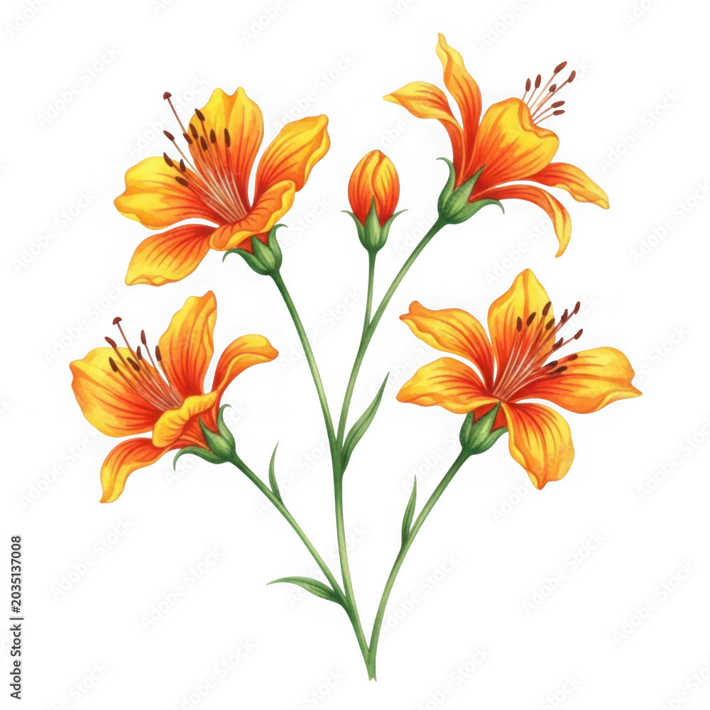Obraz premium Beautiful orange lilies with green leaves and stems