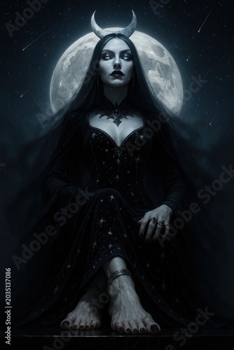 Dark gothic moon goddess sitting regally on a throne under full moon