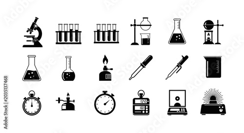 Fotografija Black and white laboratory equipment icons set including microscopes test tubes