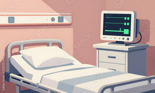 stark hospital room soft evening light captures monitor displaying flat green line shadows casting across empty