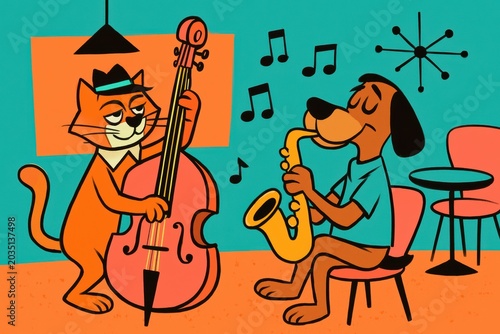 Retro cartoon cat and dog performing live jazz music in club