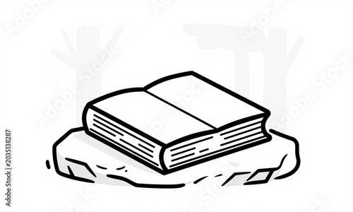 weathered book lies open rough stone surface soft glow late afternoon sunlight filtering