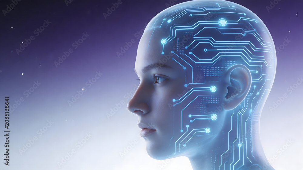 Obraz premium Human head with digital circuit overlay