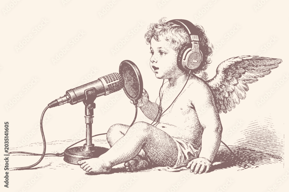 Obraz premium Vector engraving illustration of a cute baby angel with wings wearing headphones and singing into a studio microphone. Vintage art style.