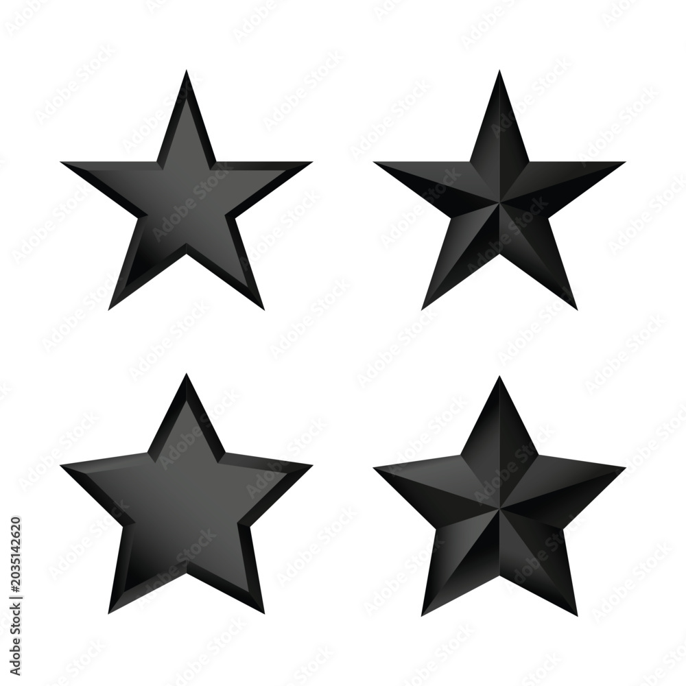 Fototapeta premium Black stars gleam with sharp edges. Each star shows a different angle and light reflection. They shine brightly against a plain white background. Perfect for rating, excellence, or achievement themes